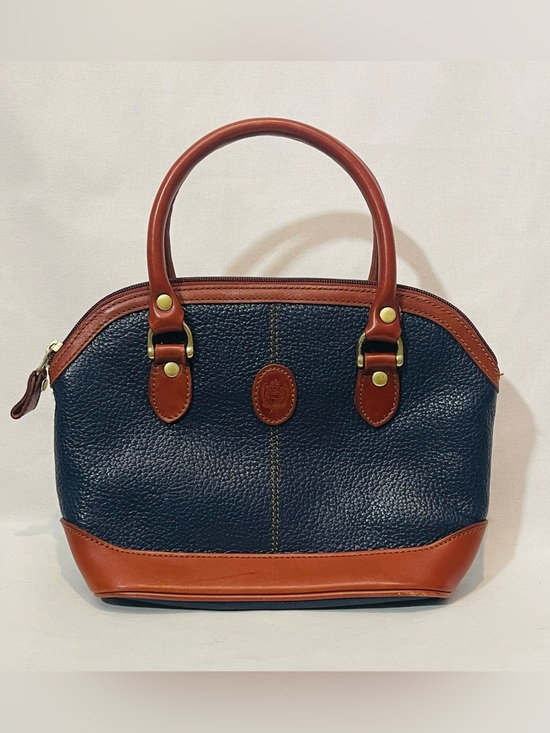 Liz Claiborne Handbags - Vintage Liz Claiborne Pebbled Leather Two Tone Satchel Purse Navy Tan